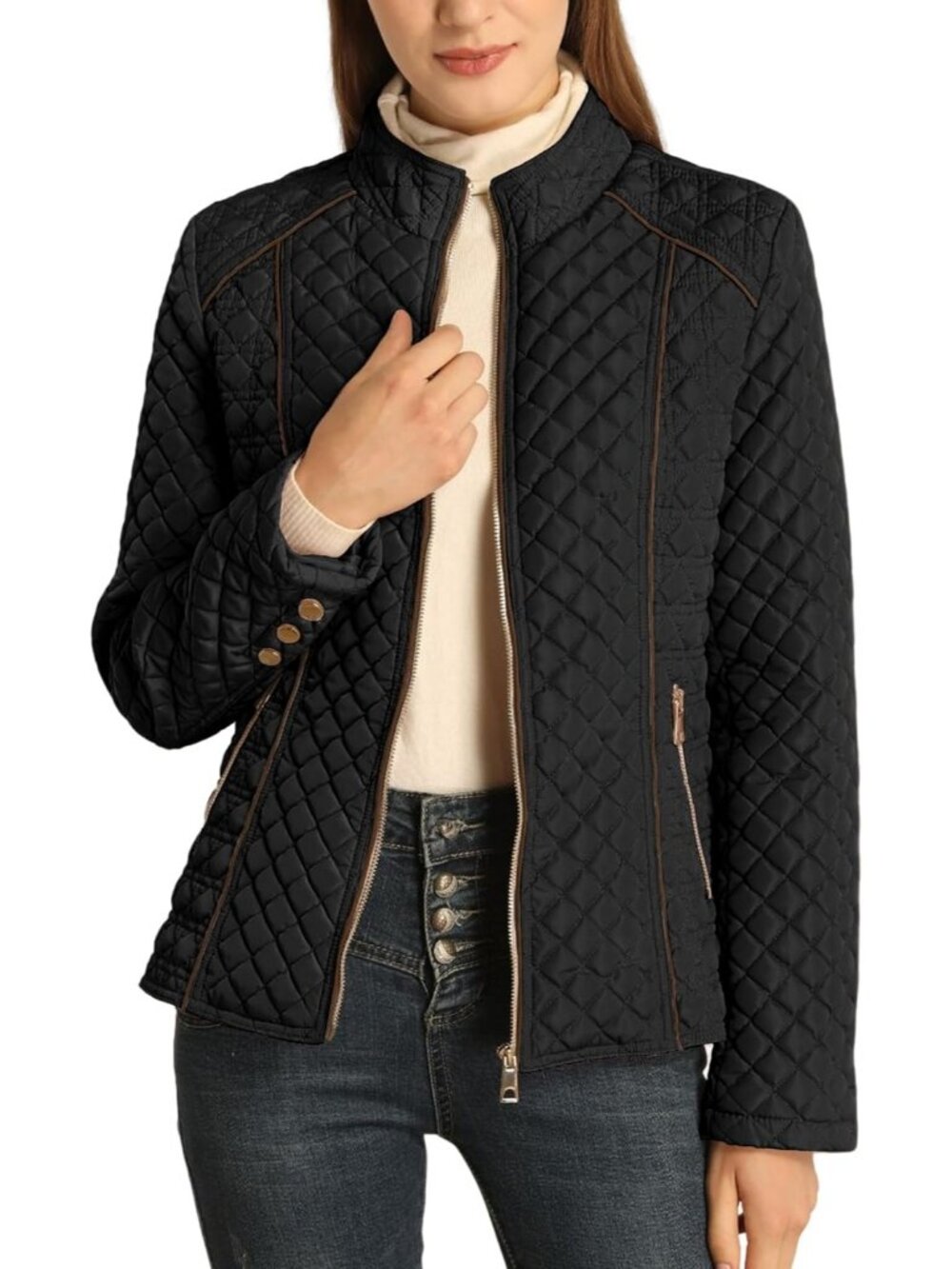 Women's Black Fleece-Lined Front Zipper Diamond Quilted Puffer Winter Jacket